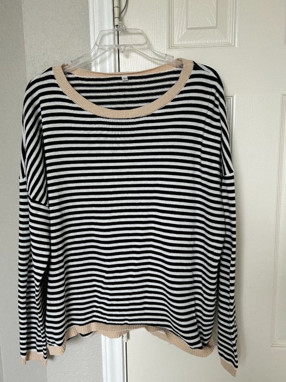 Unbranded Crew Neck Striped 3/4 Sleeve Pullover - Black Striped - Large